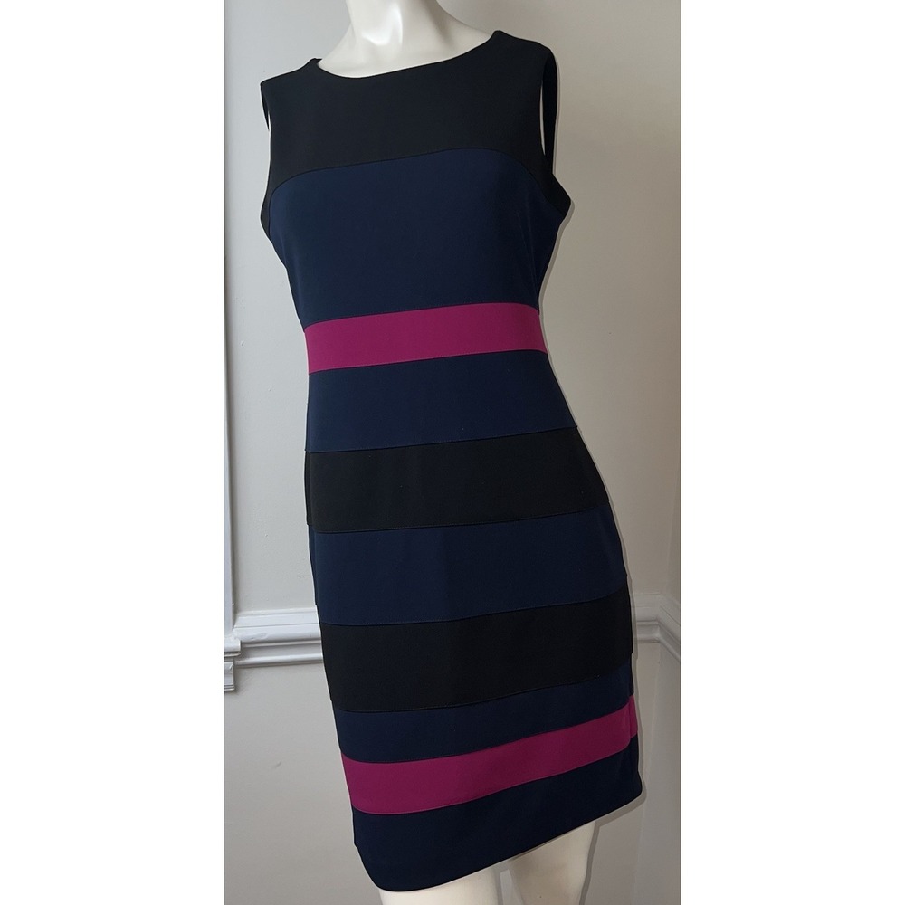 Tommy Hilfiger Career Sheath Dress Women's Color Block Stripe Black Pink Blue